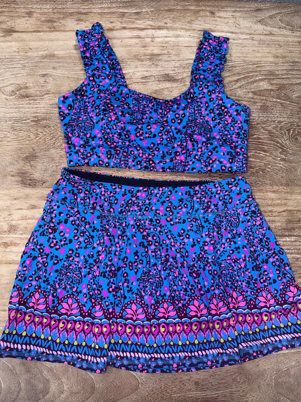 Lilly Pulitzer LUXLETIC Activewear, S Skirt, M Top, Blue Pink Leopard